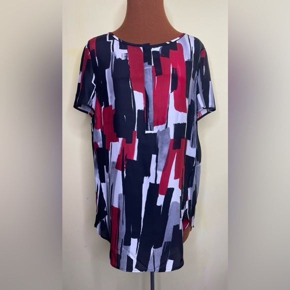 Lafayette 148 NY Silk Red Black Abstract Brushstroke Print Tunic Blouse Size 10 - Picture 1 of 10